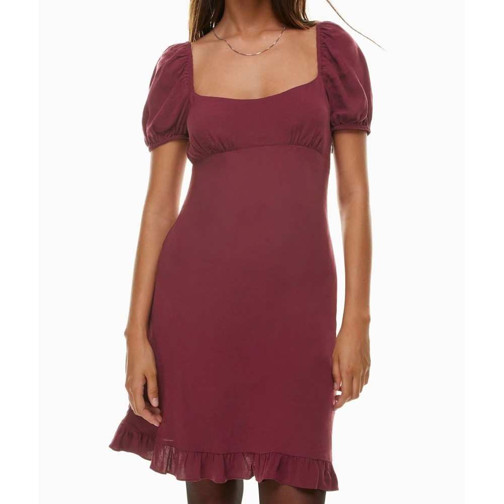 NEW Aritzia Sunday Best Mariposa Dress Spiced Burgundy Crepe Puff Sleeve 2XS